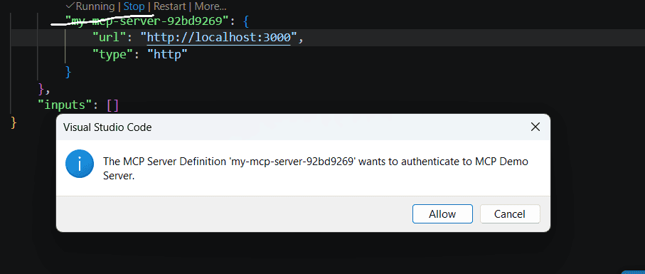 VS Code authentication prompt: MCP Server Definition my-mcp-server-92bd9269 wants to authenticate to MCP Demo Server; buttons: Allow, Cancel.