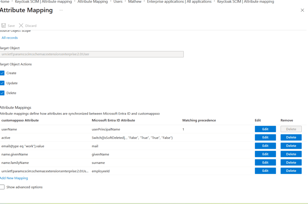 attr - Skycloak Screenshot of Attribute Mapping editor showing Target Object field, Create/Update/Delete actions, and a list of mappings (userName, active, emails, name.givenName, name.familyName, employeeId) with Edit/Delete options in each row.