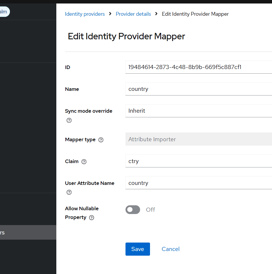 attribute-map - Skycloak Screen shows Edit Identity Provider Mapper form: breadcrumb path Identity providers > Provider details > Edit Identity Provider Mapper. Fields: ID with long UUID, Name set to country, Sync mode override Inherit, Mapper type Attribute Importer (disabled look), Claim ctry, User Attribute Name country, Allow Nullable Property toggle Off, with Save and Cancel actions at bottom.