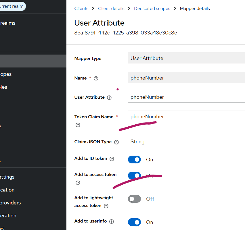 attribute-mapping - Skycloak UI form titled 'User Attribute' in a management console: Mapper type 'User Attribute', Name 'phoneNumber', User Attribute 'phoneNumber', Token Claim Name 'phoneNumber', Claim JSON Type 'String'; toggles for Add to ID Token and Add to Access Token on/off.
