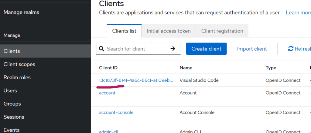 Screenshot of admin console with 'Clients' highlighted in the left menu; right pane shows the Clients page with search, Create client button, Import/Refresh options, and a table of clients (first row: ID 13c...; Name Visual Studio Code; Type OpenID Connect).