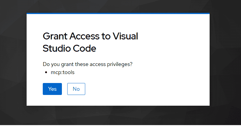 Modal dialog: Grant Access to Visual Studio Code, asking to grant privileges for mcp:tools, with Yes and No buttons.