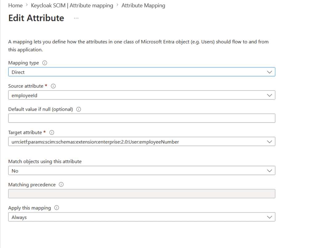 employee-number-entraid - Skycloak Edit Attribute form showing mapping settings: Mapping type Direct; Source attribute employeeld; Target attribute urn:ietf:params:scim:schemas:extension:enterprise:2.0:User:employeeNumber; Apply this mapping: Always.