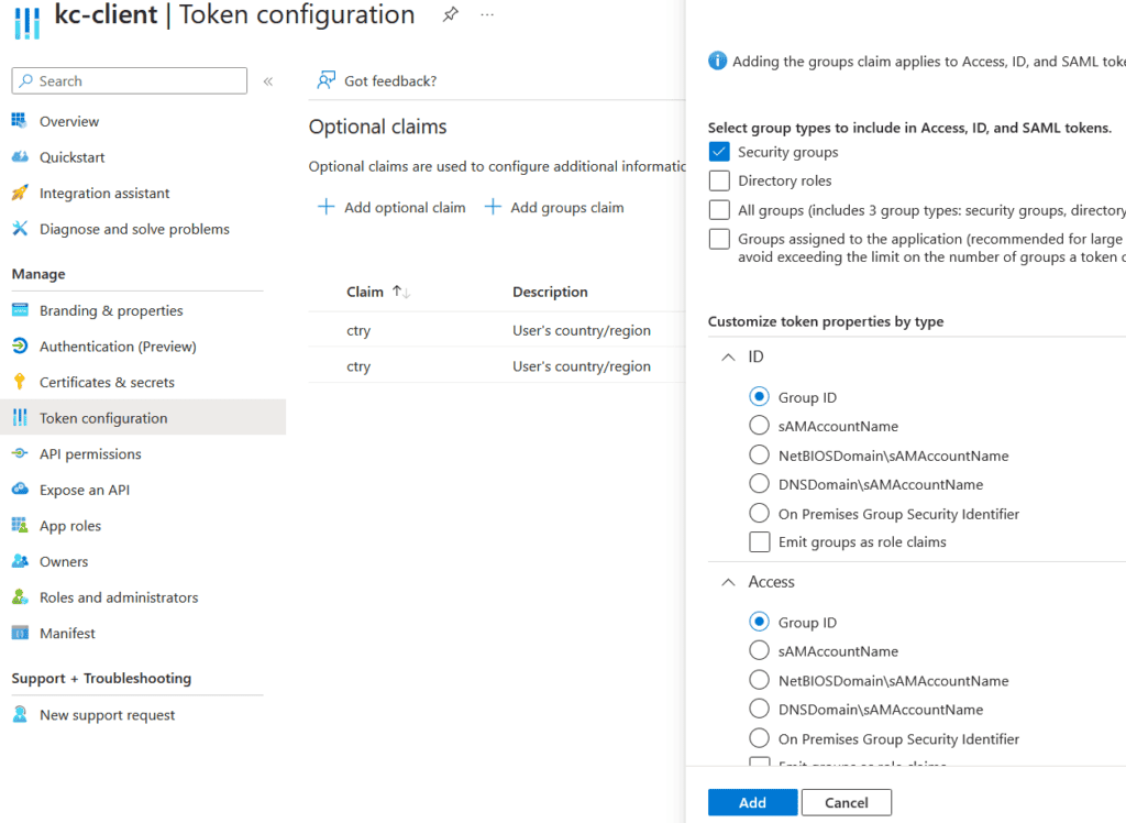 group-claim - Skycloak Azure portal token configuration page with Optional claims and a dialog to select group types for tokens (Security groups checked).