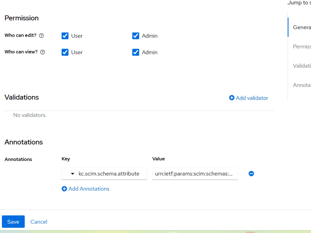 keycloak-attribute - Skycloak Permissions page: User and Admin can edit and view; Annotations section with Add Annotations and Save/Cancel controls.
