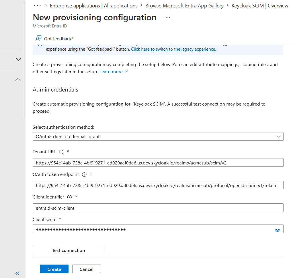 scim-connect - Skycloak New provisioning configuration form in Microsoft Entra ID with admin credentials: OAuth2 grant, Tenant URL, token endpoint, client ID, and client secret.