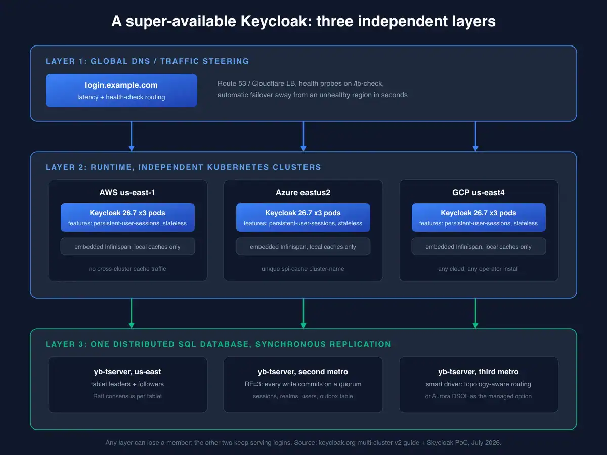 Three-layer super-available Keycloak architecture: global DNS, independent Kubernetes clusters per cloud, one distributed SQL database