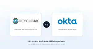 Left panel shows Keycloak logo with tag line ‘open source, your infrastructure, flat cost’ and a blue rounded card; right panel shows Okta logo with ‘managed SaaS, per-user pricing’; a dark VS circle sits between them for an IAM comparison infographic.