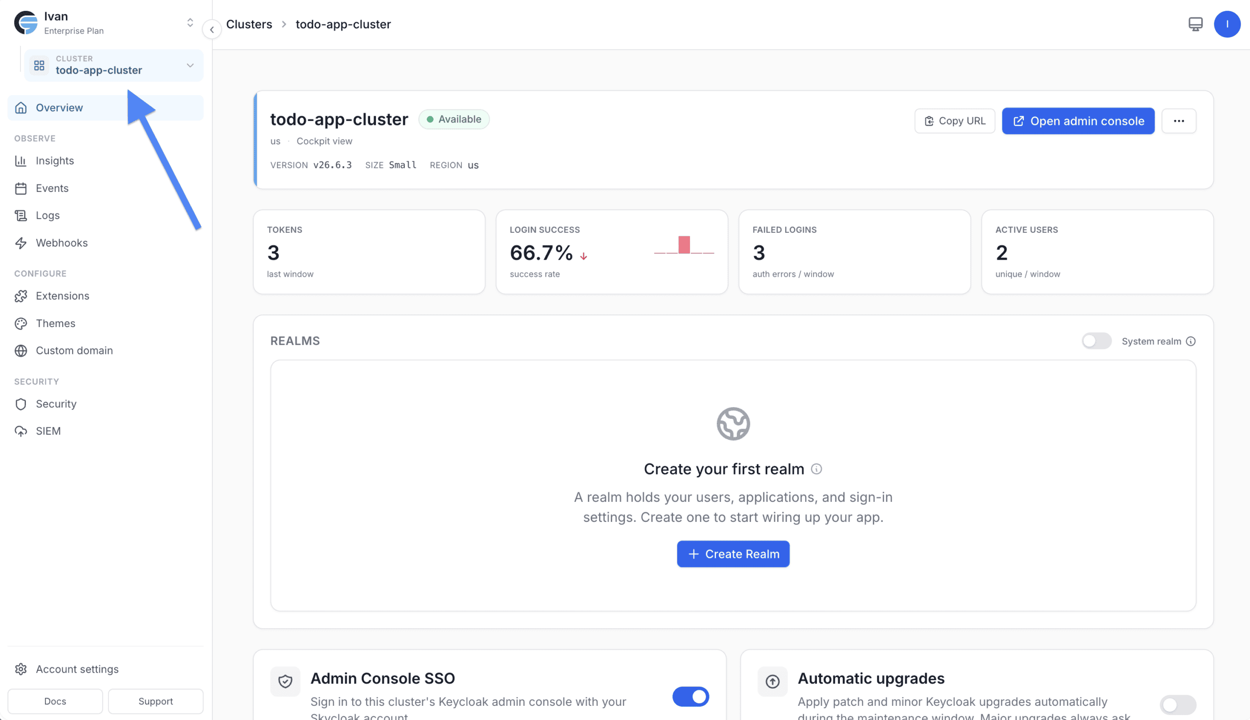 Skycloak dashboard: selecting the todo-app-cluster in the sidebar