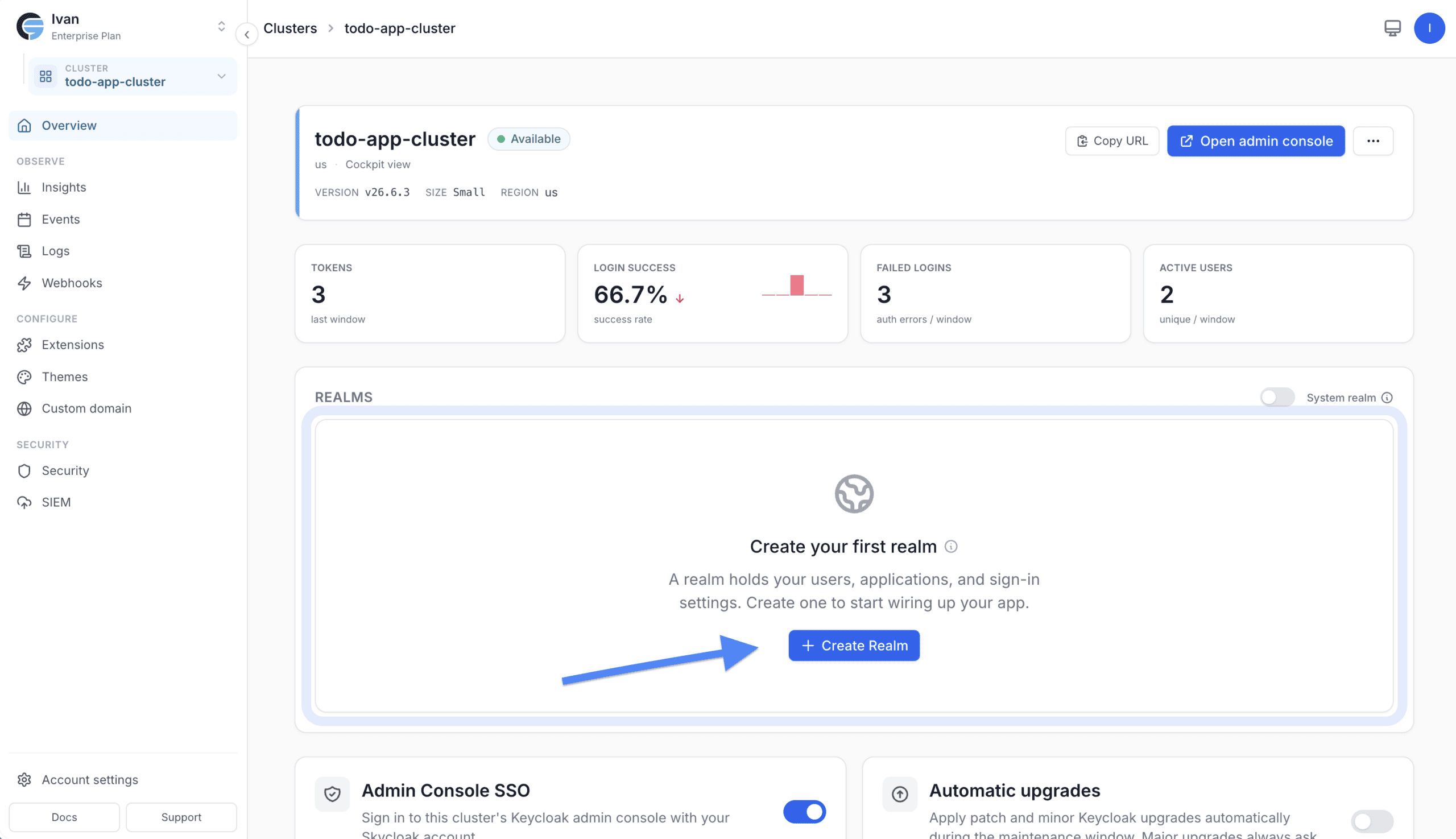 Skycloak dashboard: the Create Realm button on the cluster overview