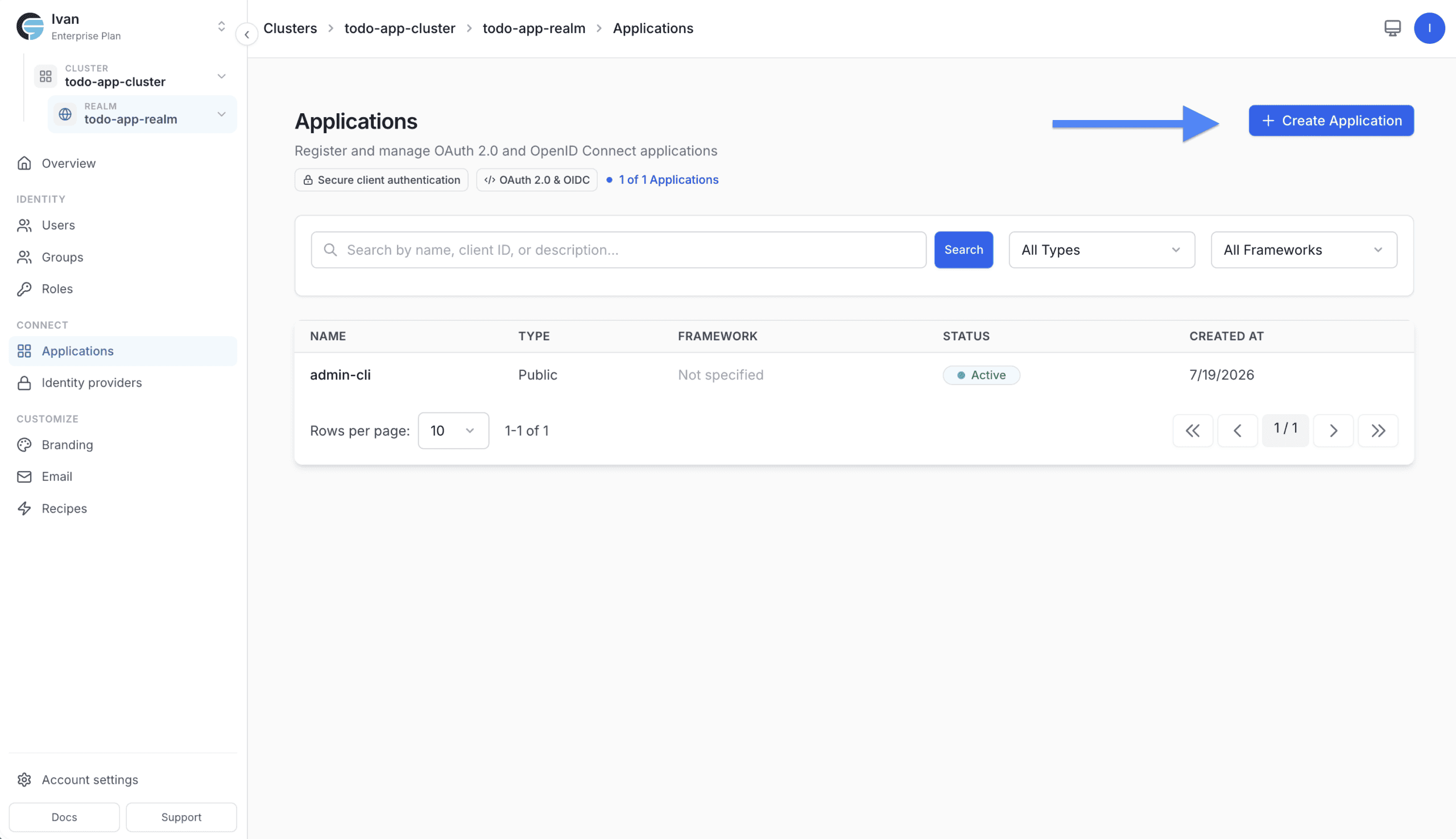 Skycloak dashboard: the Create Application button