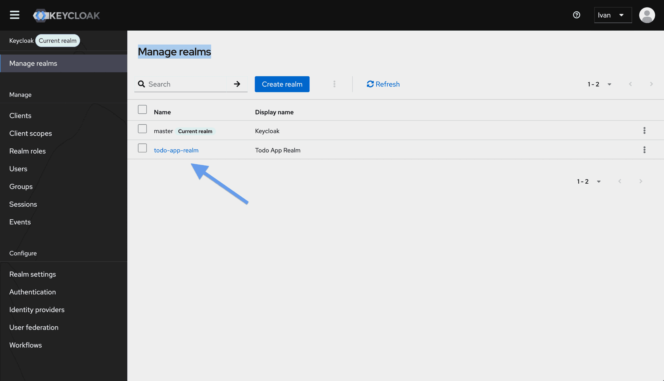 Keycloak admin console: selecting todo-app-realm on the Manage realms page