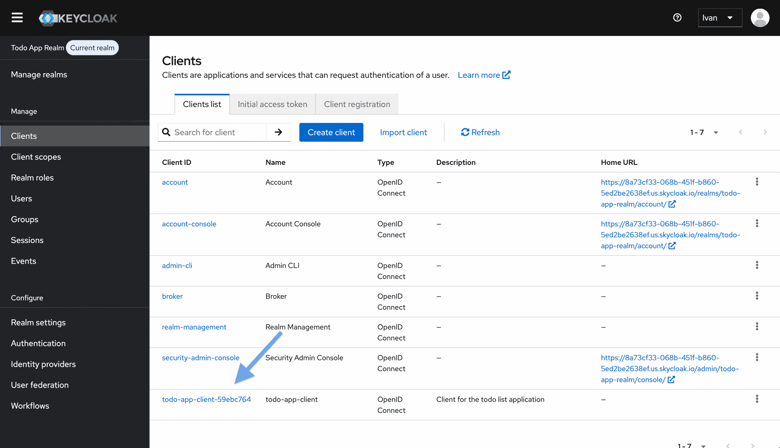 Keycloak admin console: the todo-app-client entry in the clients list