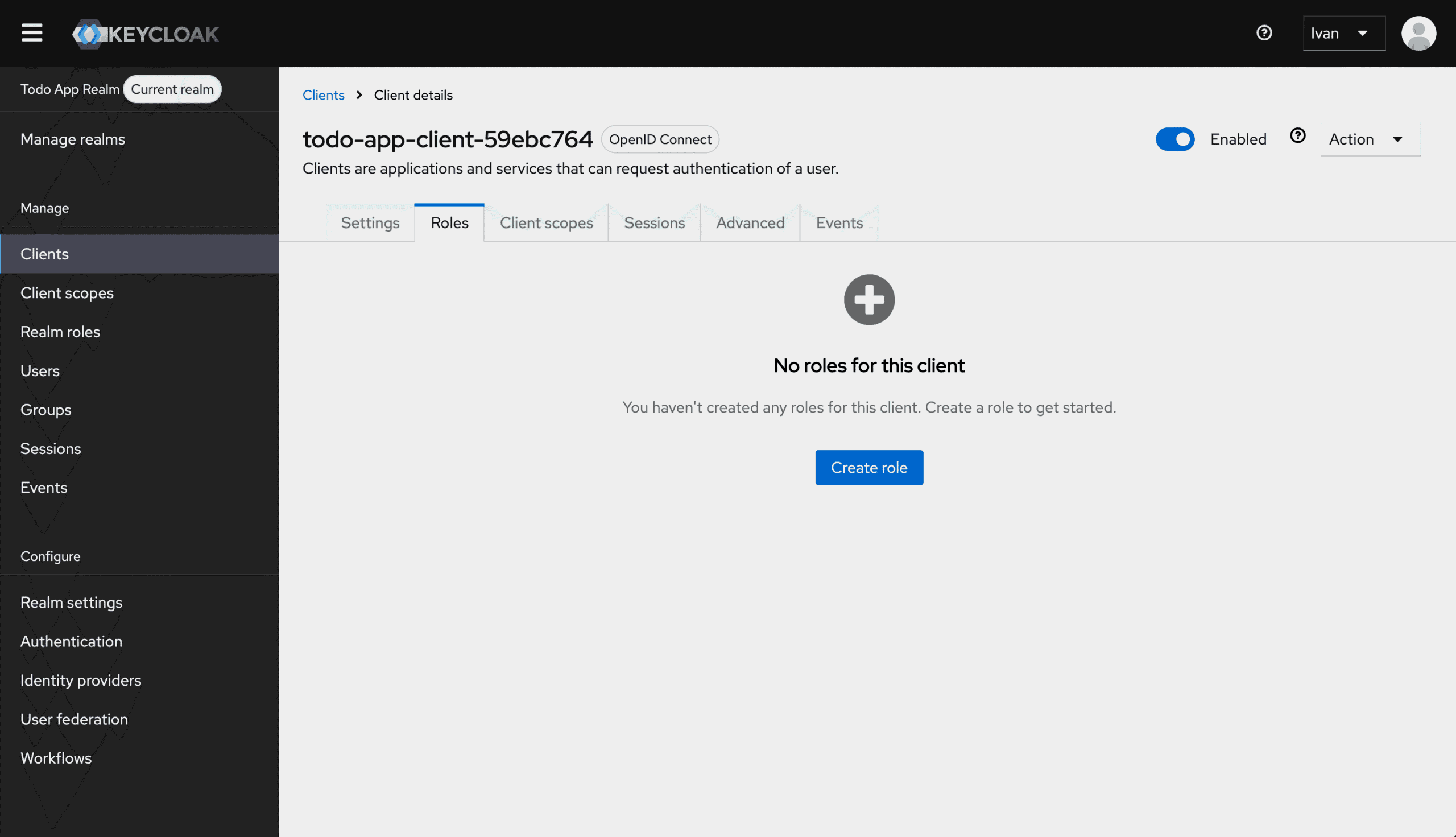 Keycloak admin console: the Roles tab with the Create Role button