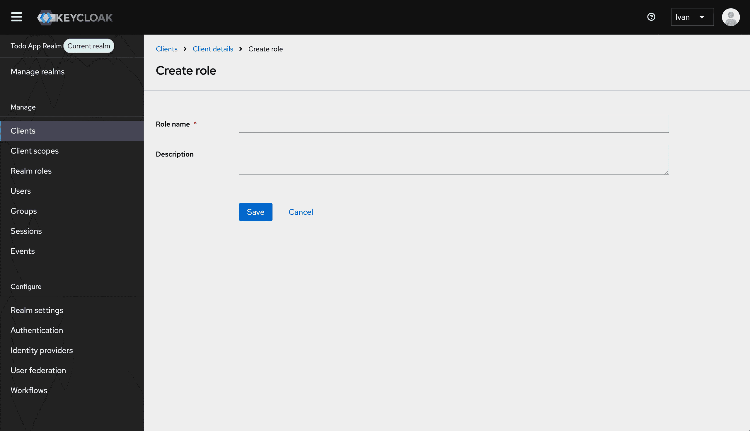 Keycloak admin console: creating the TODO_ADMIN client role