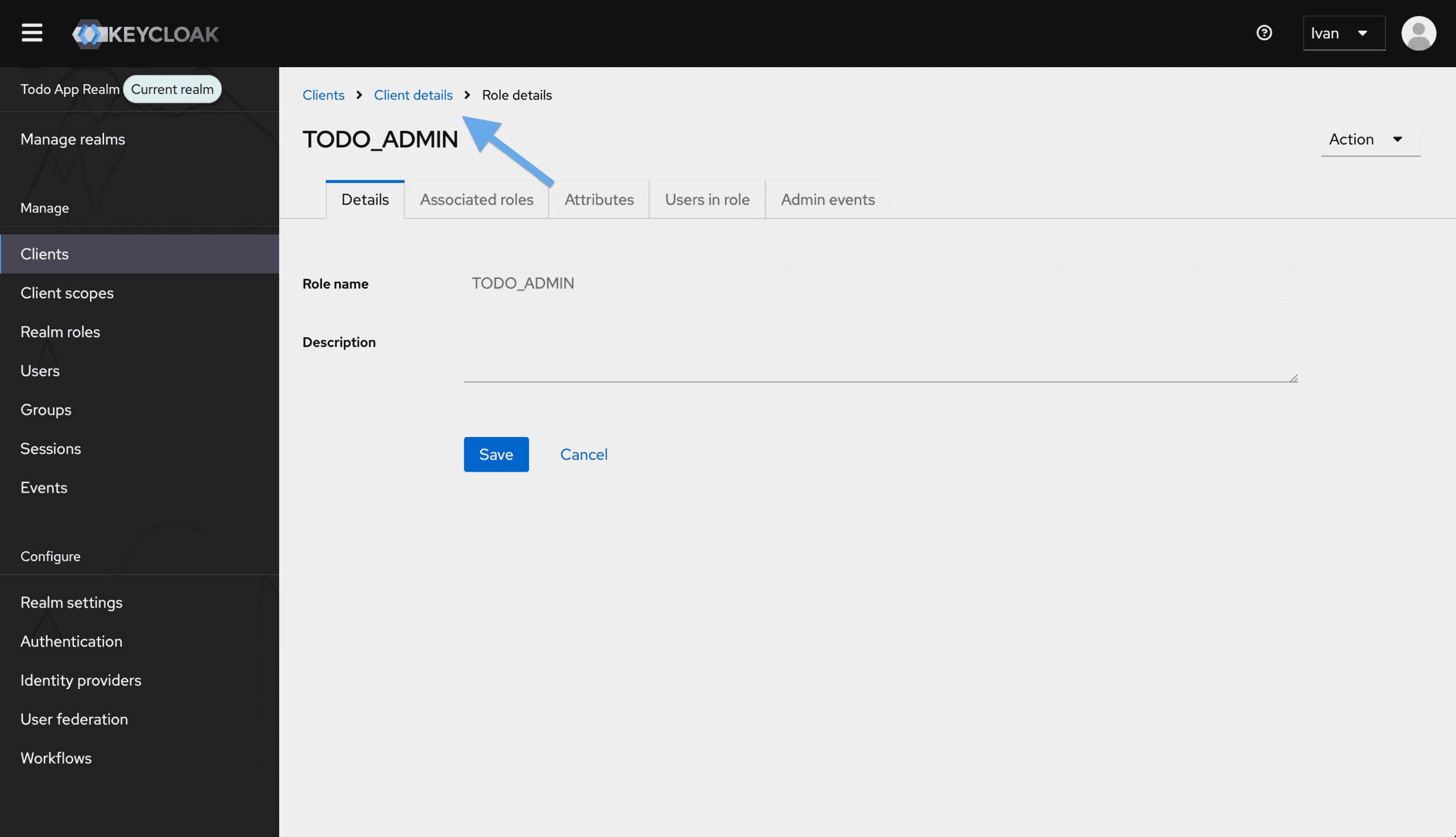 Keycloak admin console: creating the TODO_USER client role