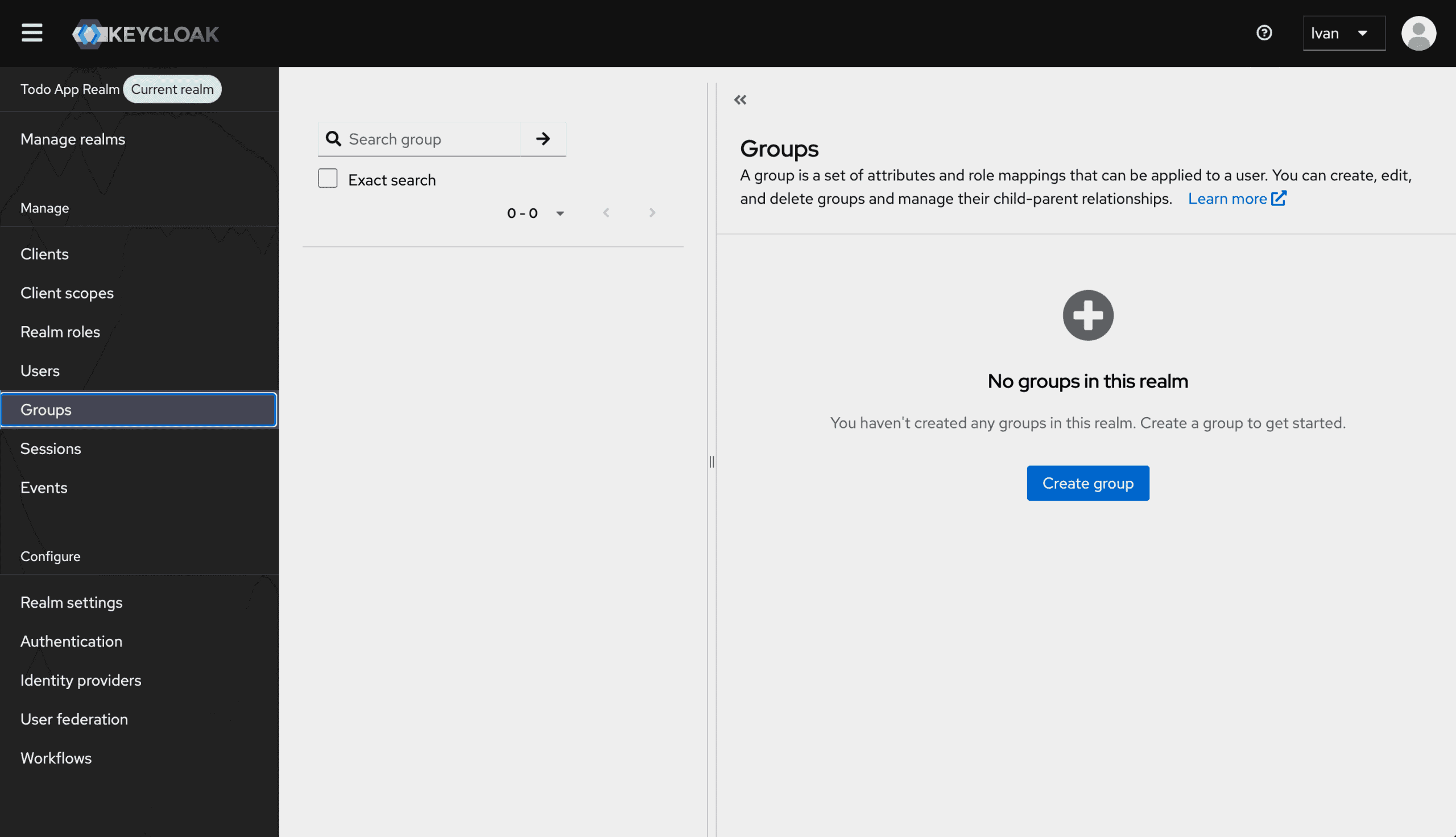Keycloak admin console: the empty Groups page with the Create group button