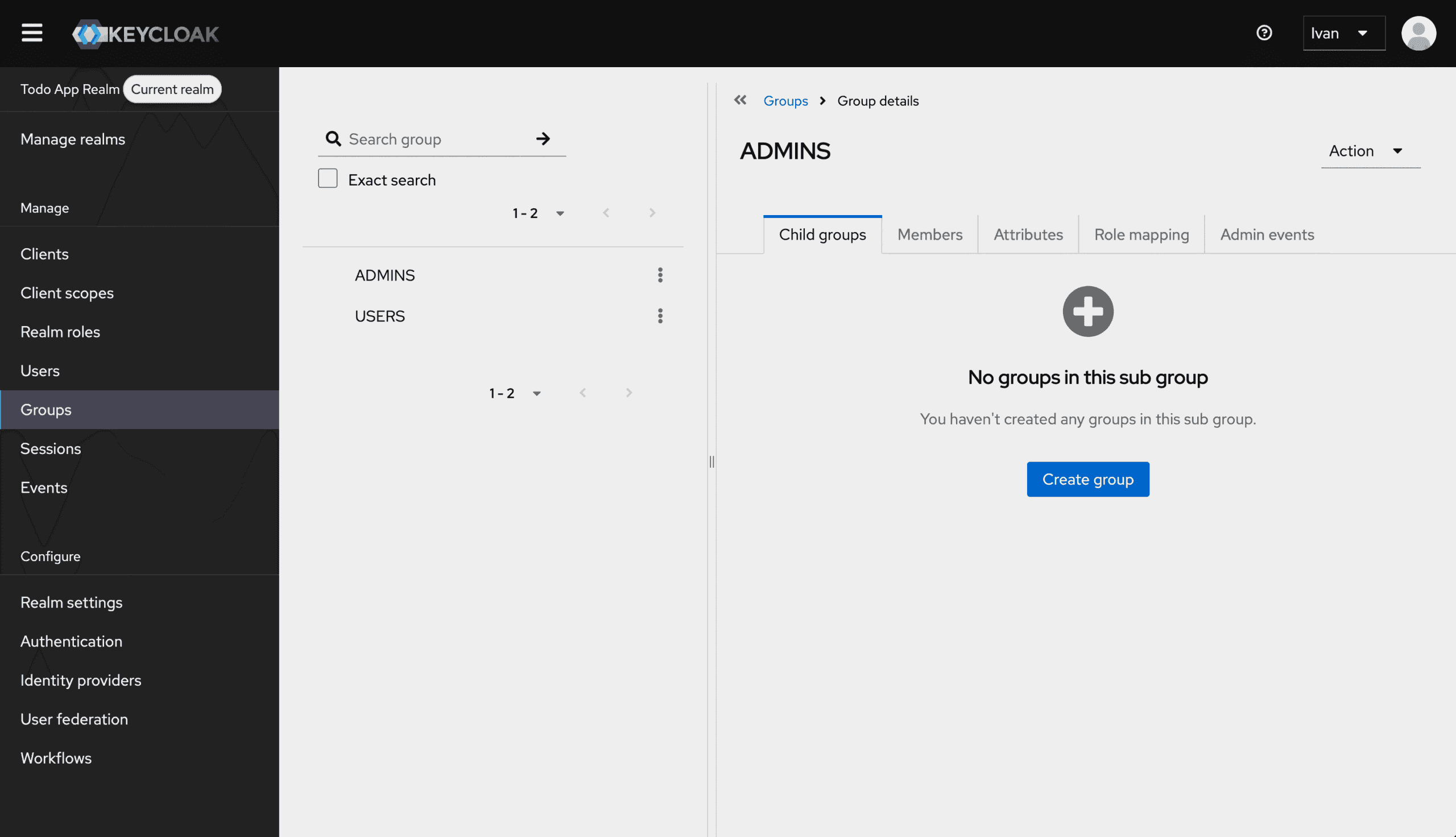 Keycloak admin console: the ADMINS group details page