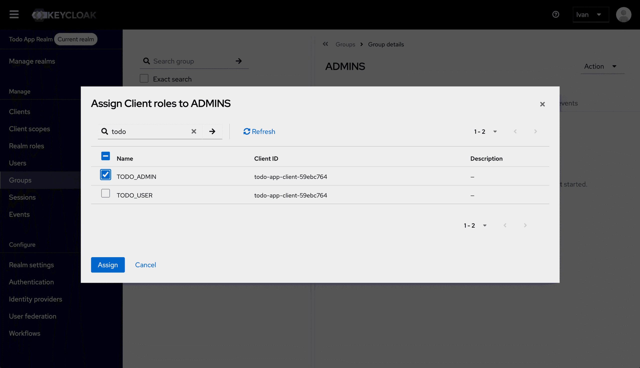 Keycloak admin console: assigning the TODO_ADMIN role to the ADMINS group