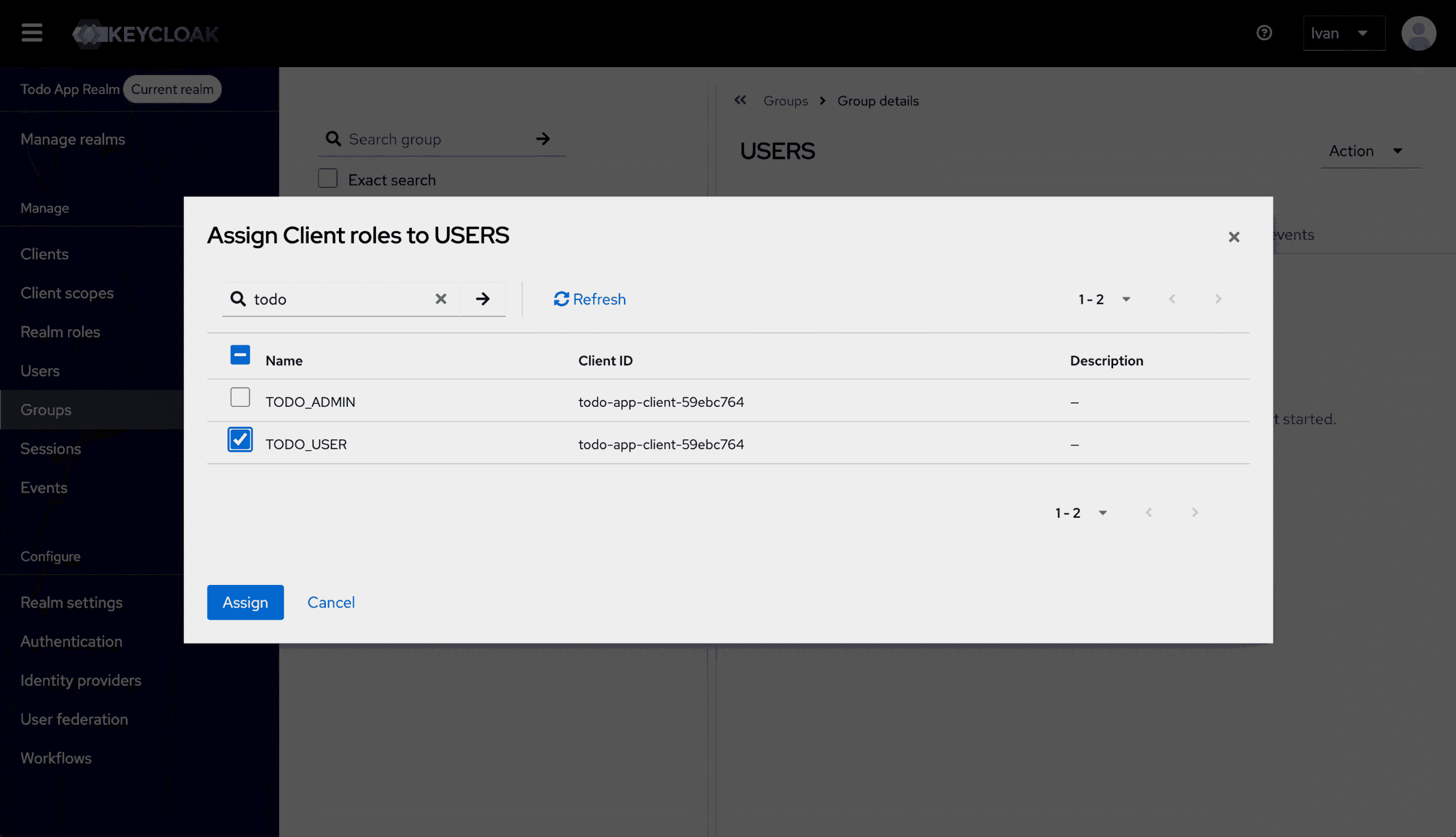 Keycloak admin console: assigning the TODO_USER role to the USERS group