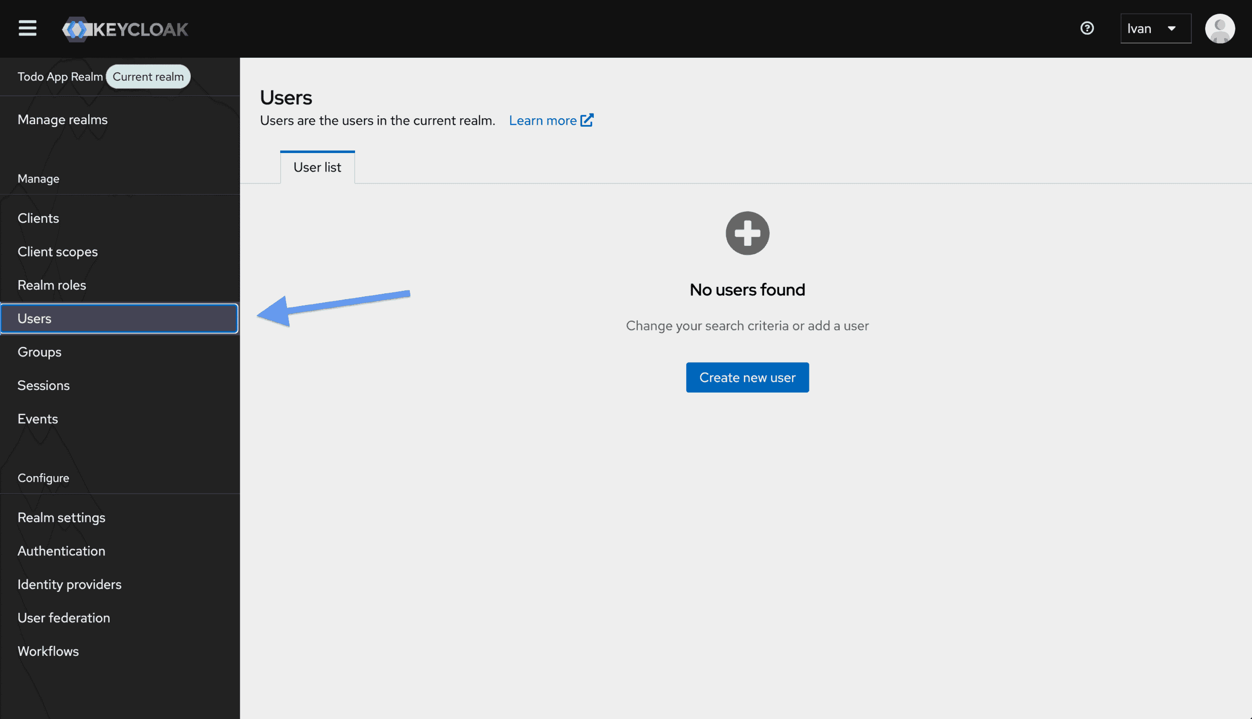 Keycloak admin console: the empty Users page