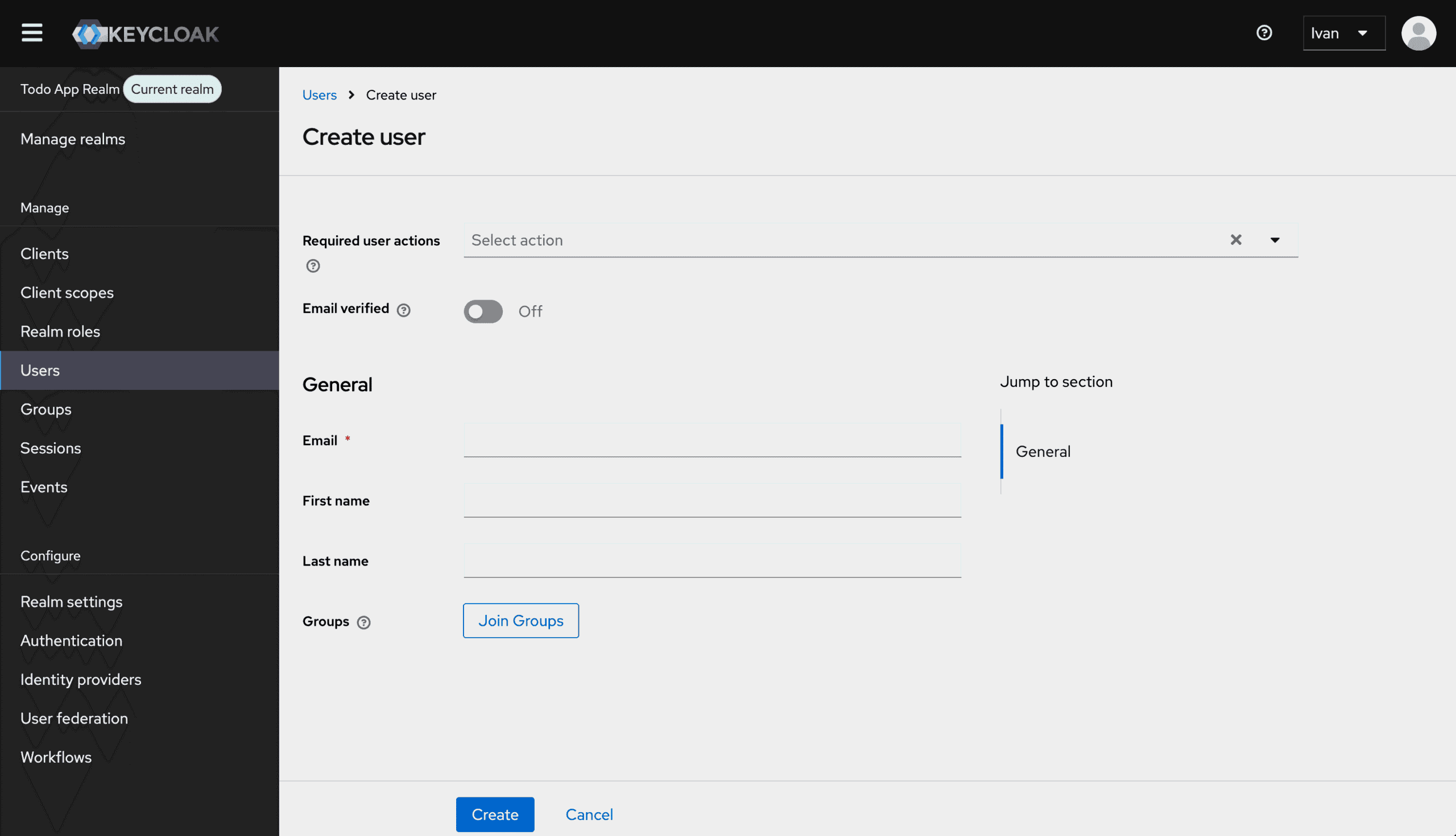 Keycloak admin console: the Create User form