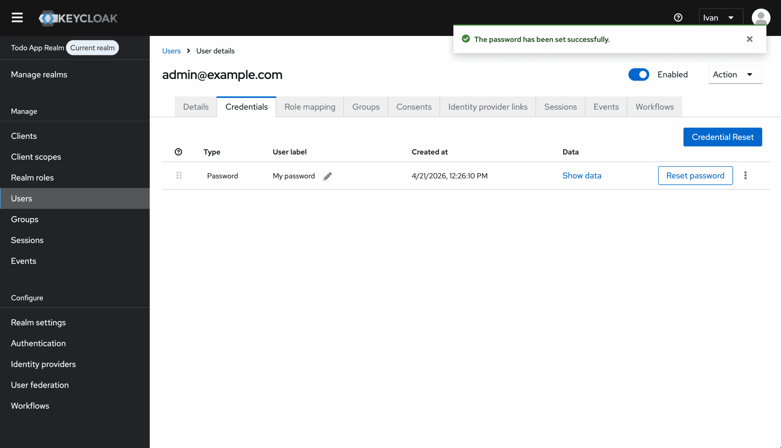 Keycloak admin console: the admin user created with a permanent password