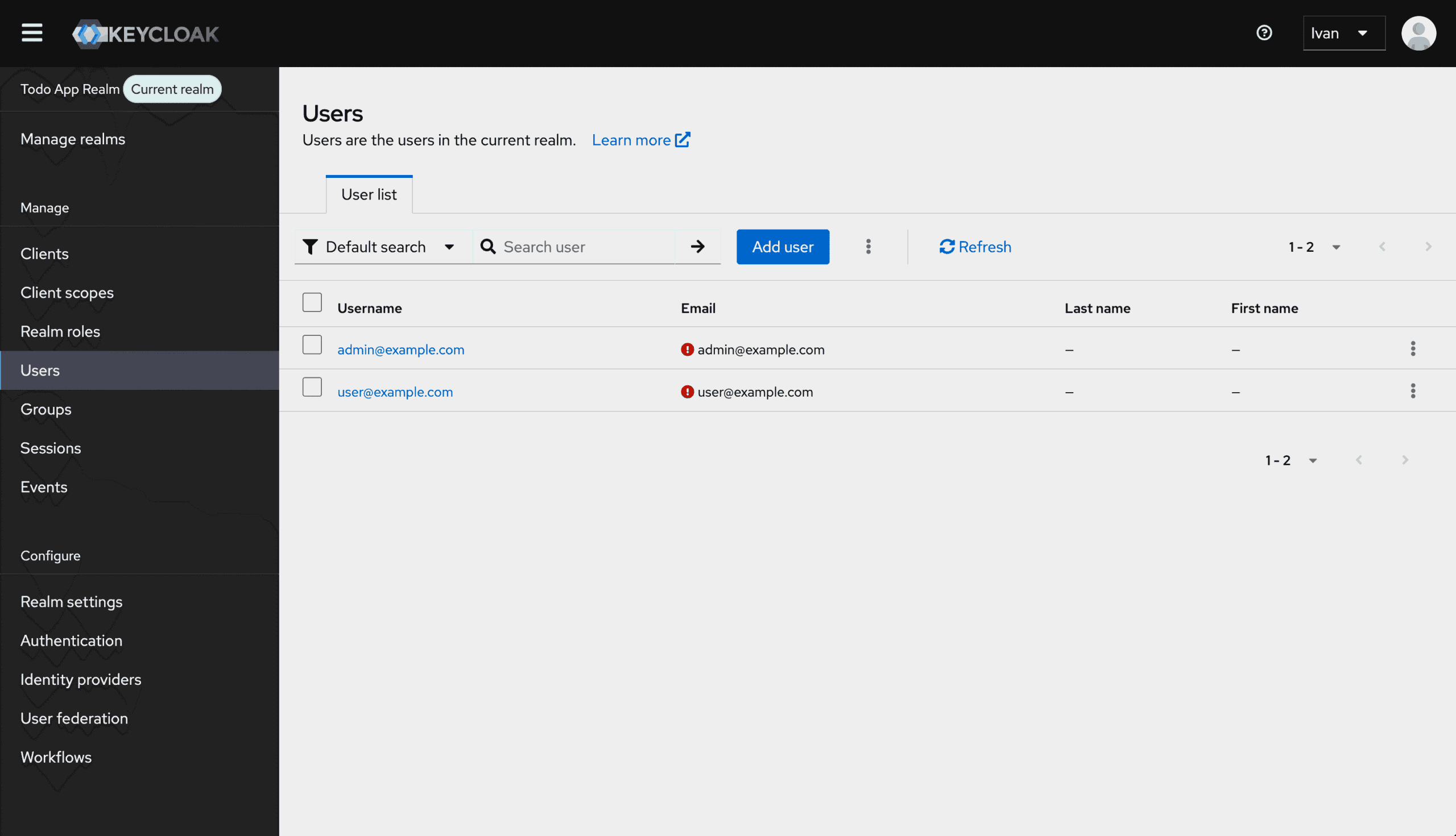 Keycloak admin console: both users visible in the user list
