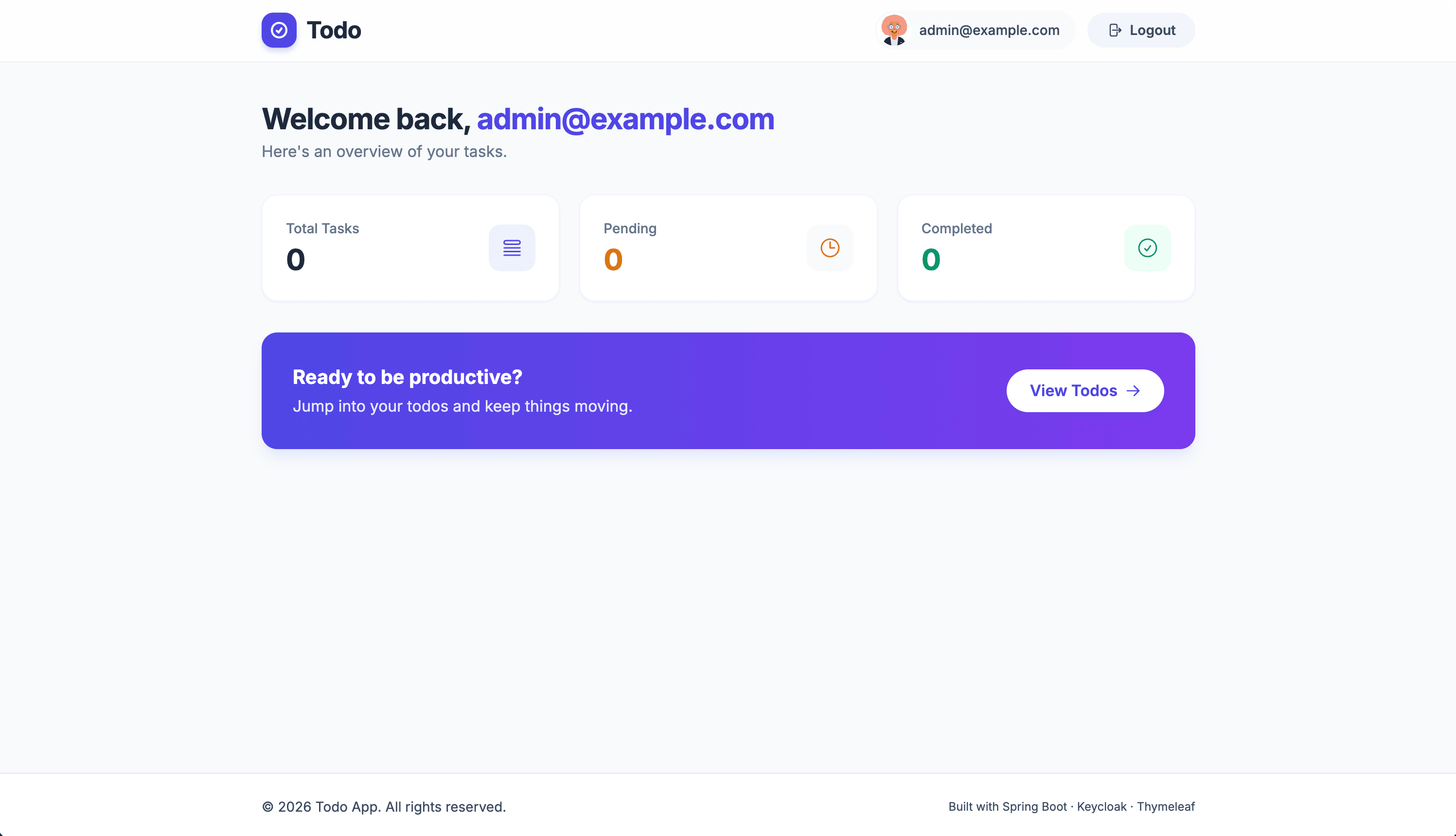 Todo app: logged in as the admin user with the task overview