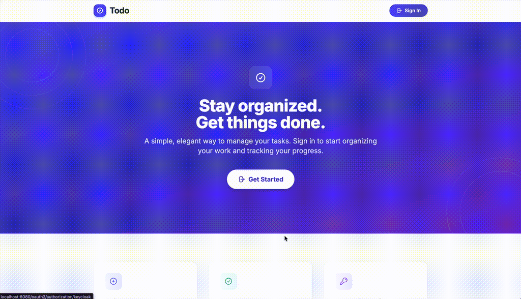 Todo app demo: signing in through Keycloak and managing tasks
