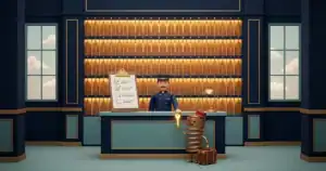 Reception area with a wall of hanging keys, a uniformed clerk behind the desk, and a cheerful spring robot holding a lit key beside a suitcase.