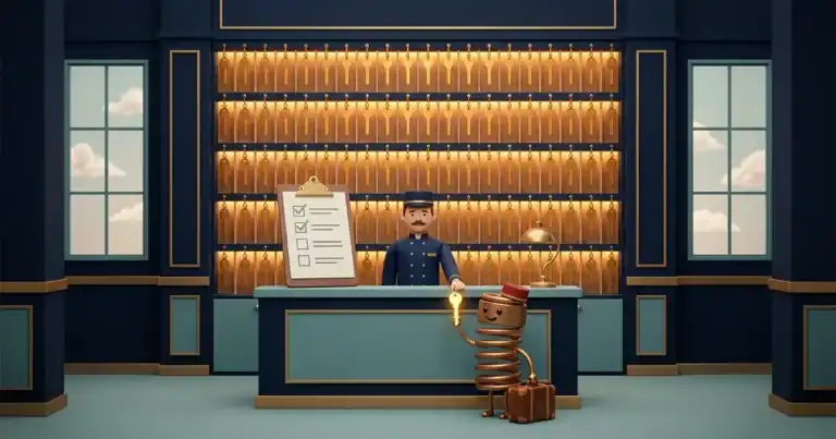 Reception area with a wall of hanging keys, a uniformed clerk behind the desk, and a cheerful spring robot holding a lit key beside a suitcase.