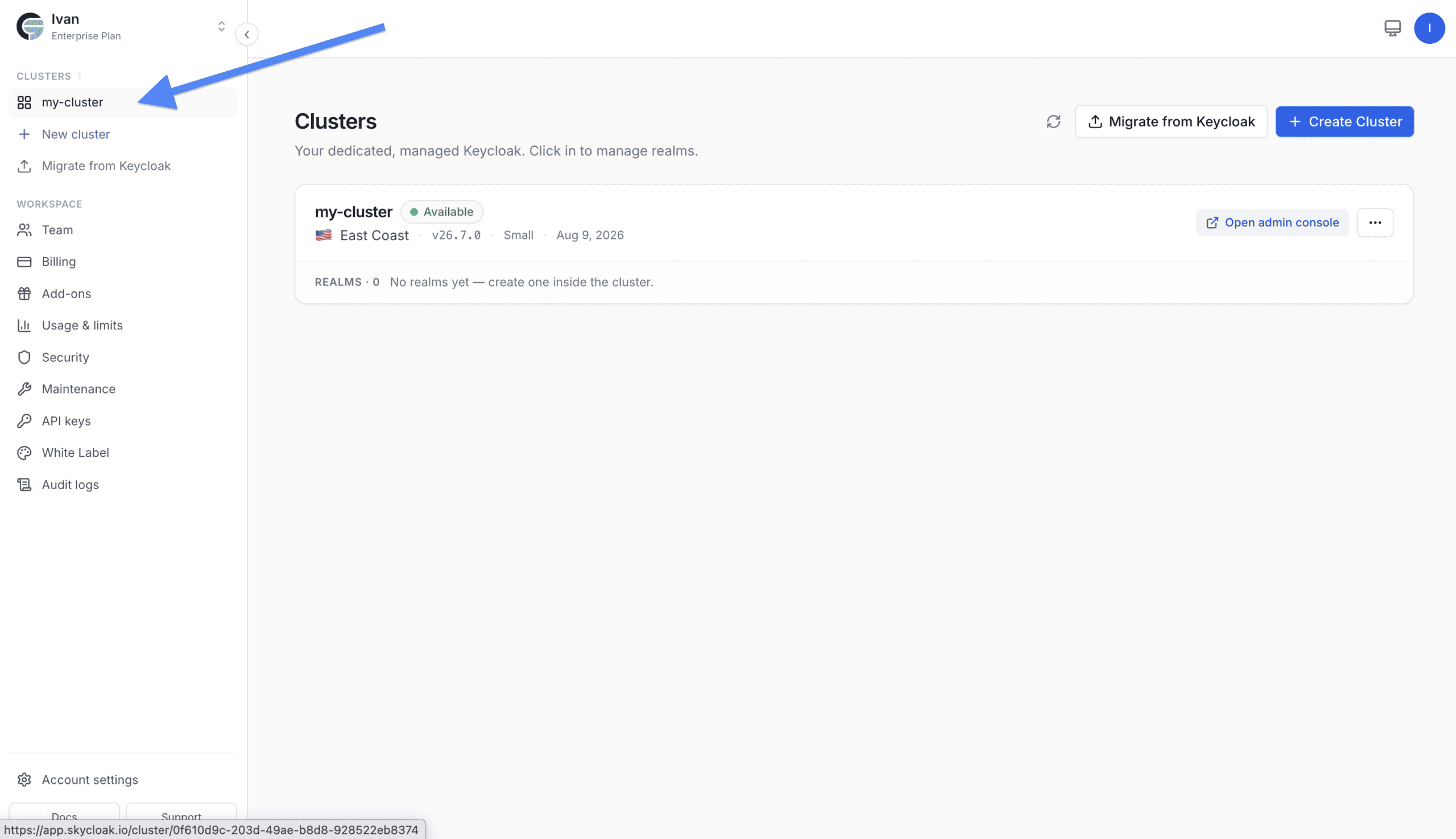 Skycloak dashboard: selecting my-cluster in the left sidebar