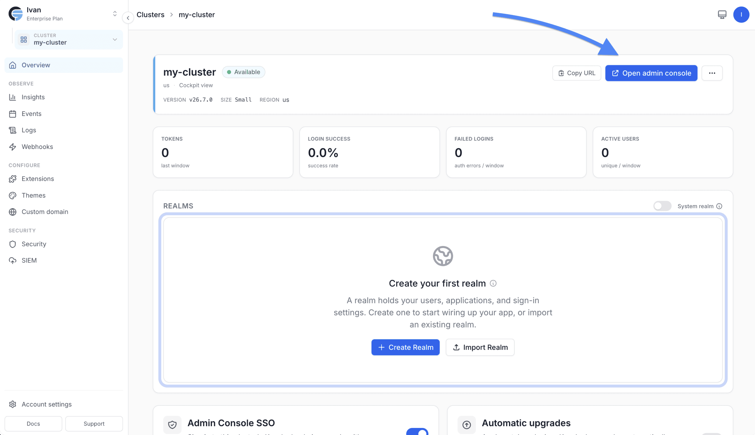 Skycloak cluster page with the Open Admin Console button