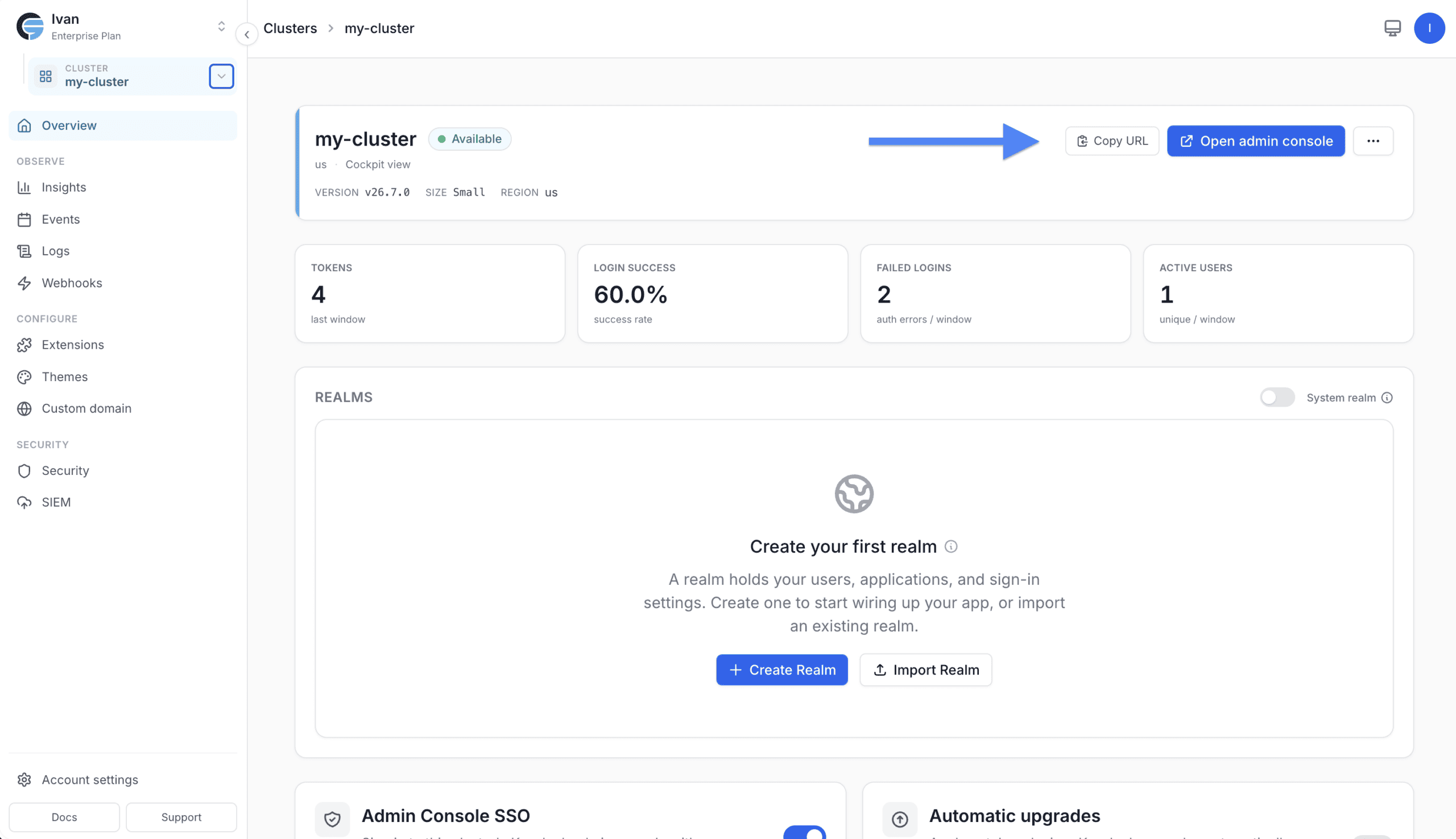 Skycloak cluster page with the Copy URL button highlighted