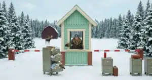 Snowy checkpoint with a mint-green guard booth, barrier gate, and filing cabinets outside; a person in a warm coat stands in the window.