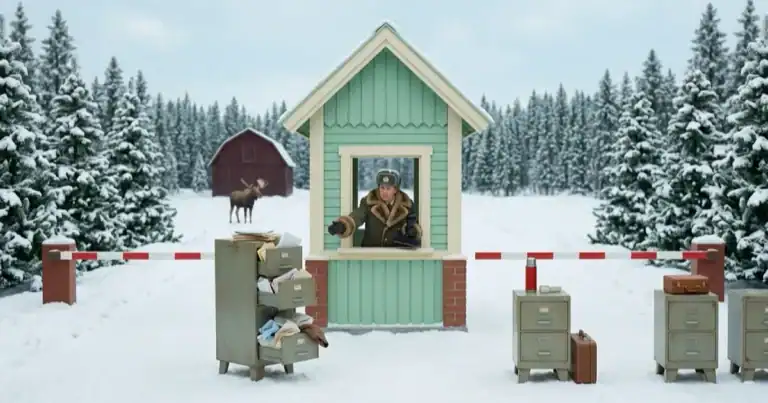 Snowy checkpoint with a mint-green guard booth, barrier gate, and filing cabinets outside; a person in a warm coat stands in the window.