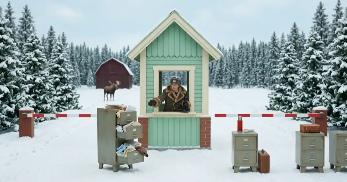 Snowy checkpoint with a mint-green guard booth, barrier gate, and filing cabinets outside; a person in a warm coat stands in the window.