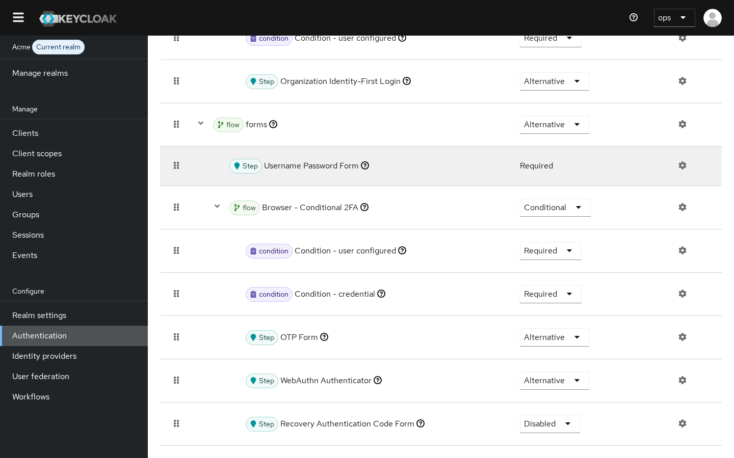 The browser flow in Keycloak 26.8.1 with the Browser - Conditional 2FA sub-flow expanded: Condition - user configured and Condition - credential are Required, OTP Form and WebAuthn Authenticator are Alternative, and Recovery Authentication Code Form is Disabled