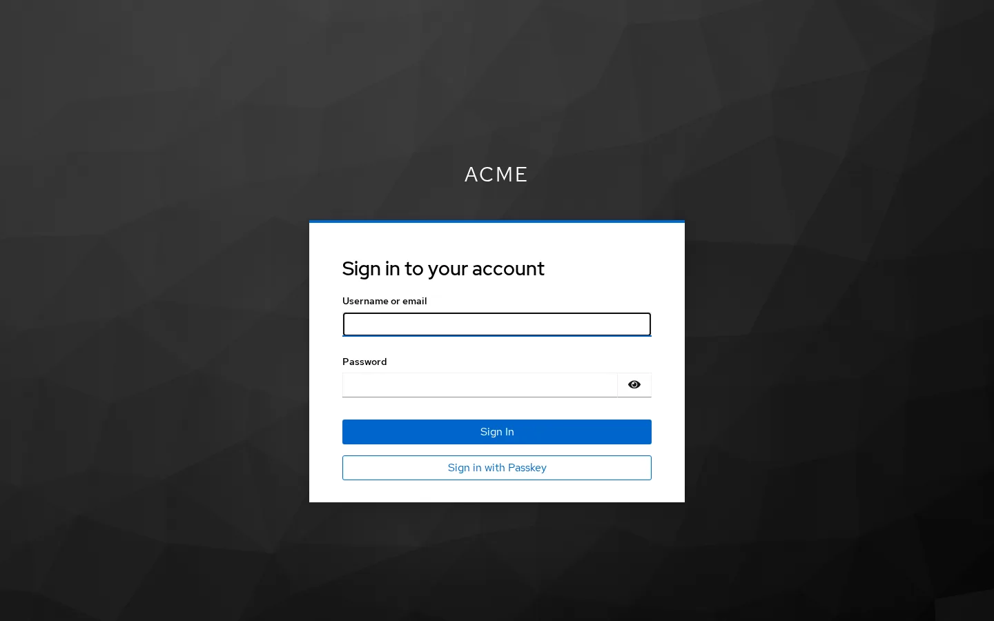 The default login page of a Keycloak 26.8.1 realm with Enable Passkeys on: the username and password fields, the Sign In button and a Sign in with Passkey button under it