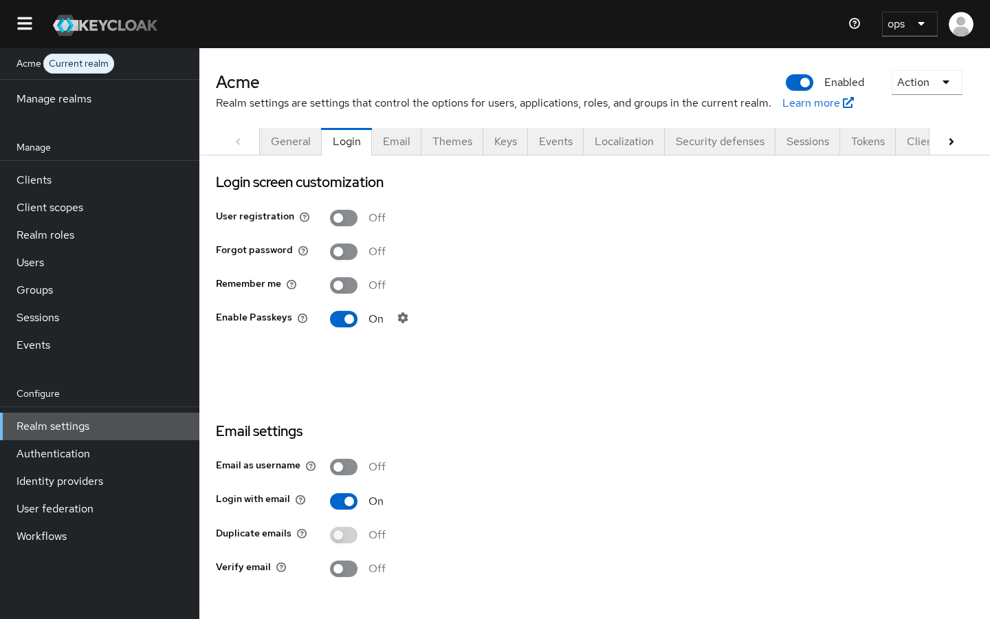 The Login tab of Realm settings in Keycloak 26.8.1, with the Enable Passkeys switch turned on and the settings icon next to it