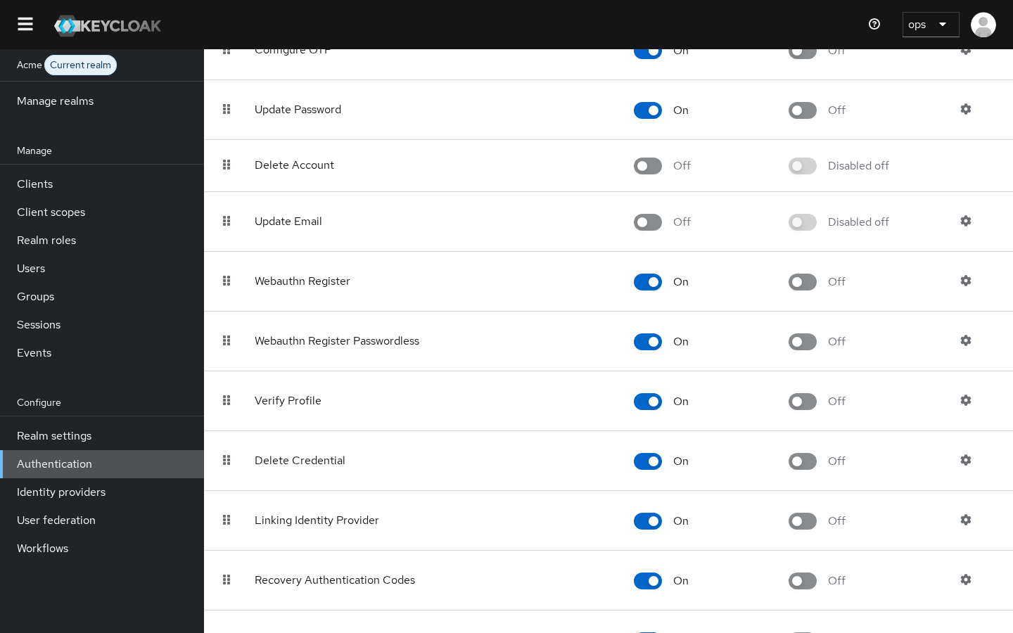 The Required actions tab in Keycloak 26.8.1, with Webauthn Register and Webauthn Register Passwordless both enabled and their Set as default action switches off