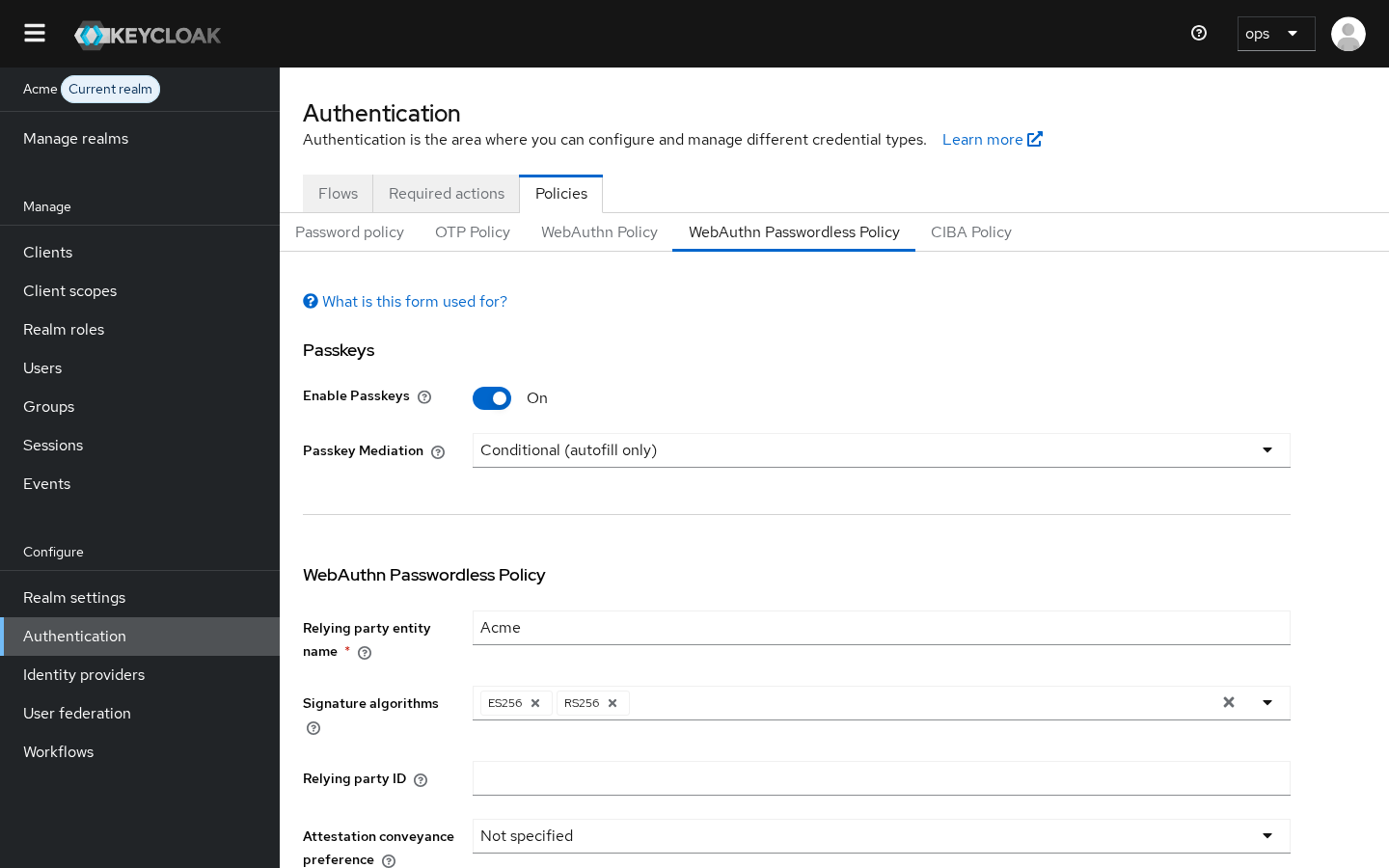 The WebAuthn Passwordless Policy page in Keycloak 26.8.1: a Passkeys section with Enable Passkeys and Passkey Mediation, then the Relying party entity name, Signature algorithms and Relying party ID fields