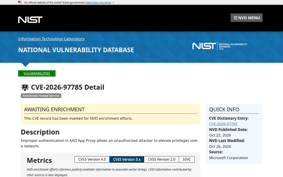 The NVD entry for CVE-2026-97785 showing the critical CVSS 3.1 base score of 10.0 for Microsoft Entra application proxy