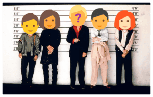 Five people stand in a height-measurement wall lineup; emoji faces cover their identities, with the center person showing a purple question mark head.